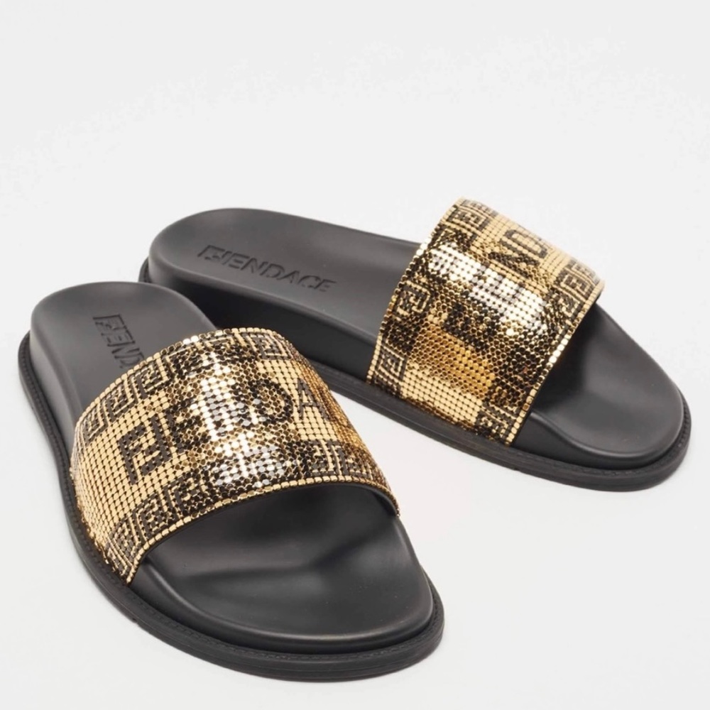 NWT FENDI NIB BLK/GOLD METAL MESH LOGO POOL SLIDES MADE IN ITALY 38EU 7.5 - Picture 4 of 14